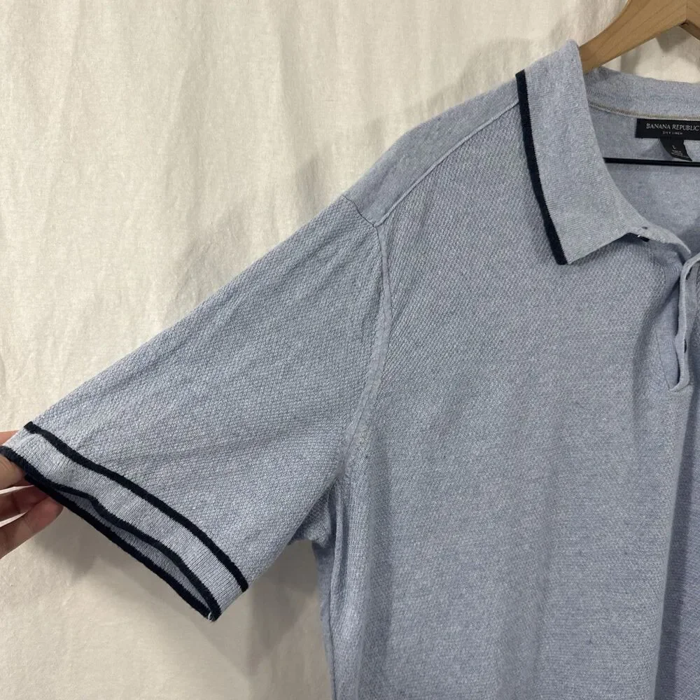 Banana Republic Blue Silk Linen Sweater Polo Shirt Men’s Sz L Old Money Beach